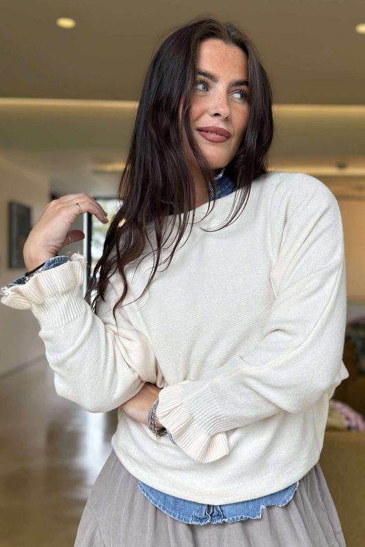Conrad Batwing Ruffle Cuff Knit Ecru /24 =